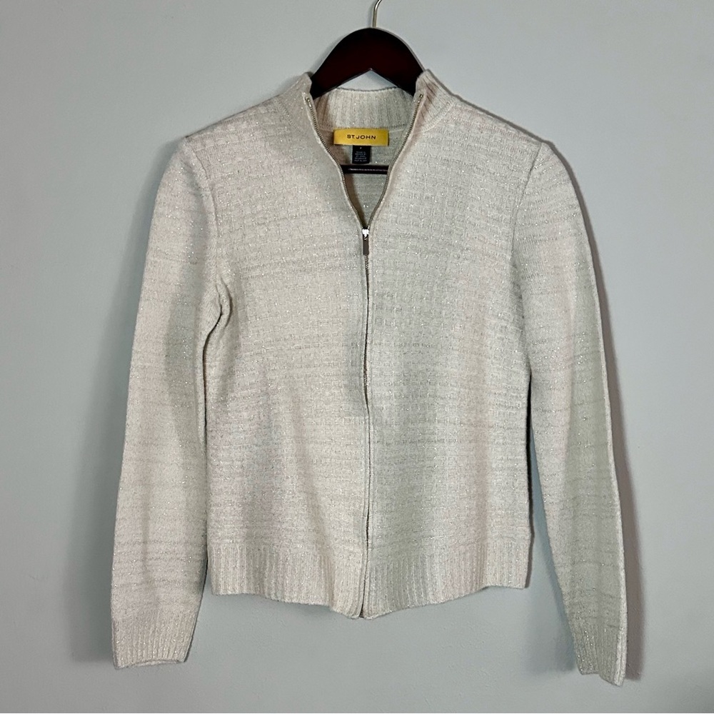 St. John | Cream Metallic Wool-Blend Knit Zip Jacket | Resort 2013 | Size P